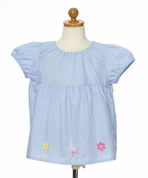 子供服 女の子 ブラウス 半袖 普段着 通学着 ストライプ柄音符刺繍お花モチーフつきチュニック丈 ブルー 杢グレー 120cm 130cm 140cm 150cm 160cm 【アイアムマリリン IamMarilyn】