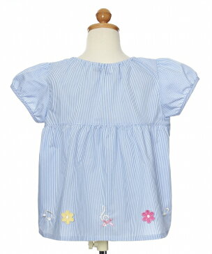 子供服 女の子 ブラウス 半袖 普段着 通学着 ストライプ柄音符刺繍お花モチーフつきチュニック丈 ブルー 杢グレー 120cm 130cm 140cm 150cm 160cm 【アイアムマリリン IamMarilyn】