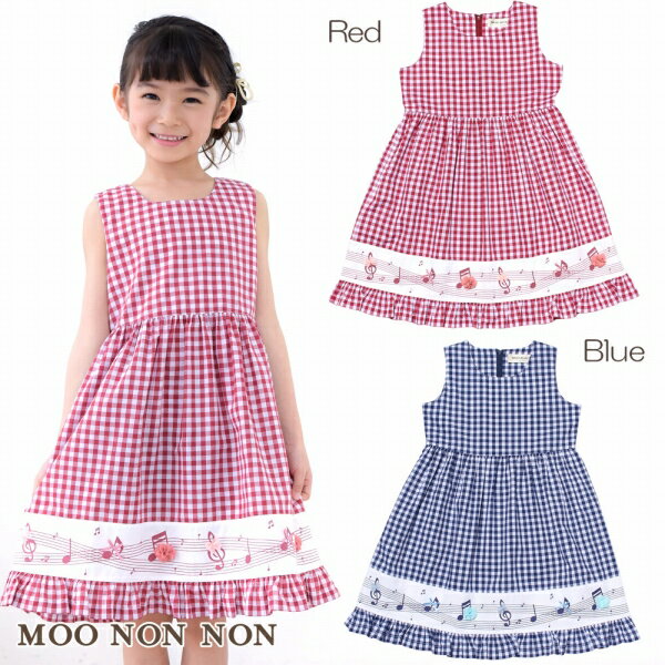 子供服 女の子 ワンピース・ジャンパースカート ノースリーブ 普段着 通学着 お出かけ着 ギンガムチェック柄＆音符プリントお花つきギャザー レッド ネイビー 春夏 100cm-160cm 3歳 4歳 5歳 6歳 7歳 8歳 9歳 10歳 11歳 12歳 13歳 【むーのんのん MOONONNON】のサムネイル