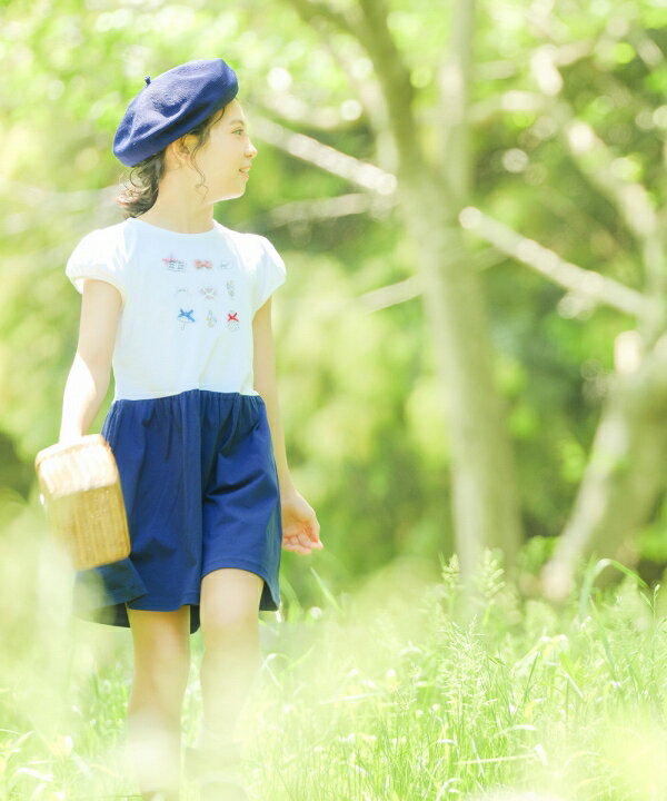 子供服女の子ワンピース・ジャンパースカート半袖普段着綿100%リボンつきアクセサリー洋服プリント切り替えピンクネイビー80cm90cm100cm110cm120cm130cm140cm【むーのんのんmoononnon】