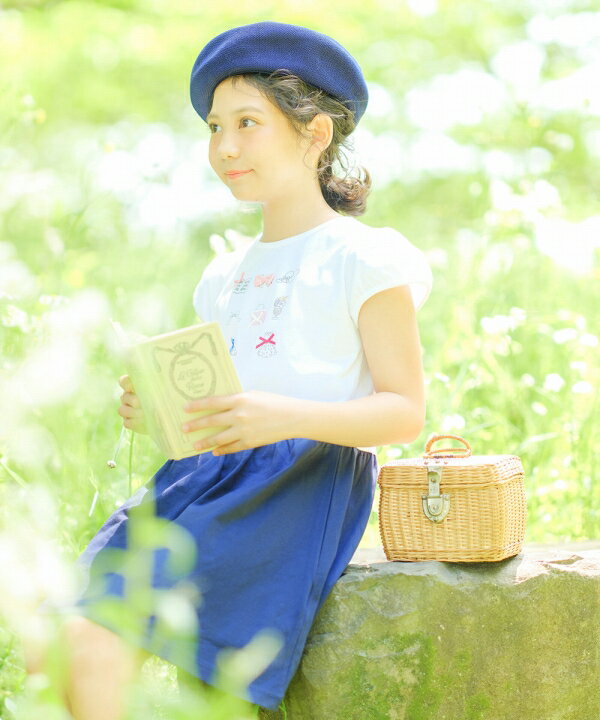 子供服女の子ワンピース・ジャンパースカート半袖普段着綿100%リボンつきアクセサリー洋服プリント切り替えピンクネイビー80cm90cm100cm110cm120cm130cm140cm【むーのんのんmoononnon】