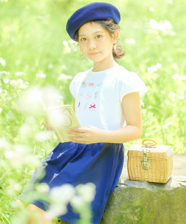 子供服女の子ワンピース・ジャンパースカート半袖普段着綿100%リボンつきアクセサリー洋服プリント切り替えピンクネイビー80cm90cm100cm110cm120cm130cm140cm【むーのんのんmoononnon】