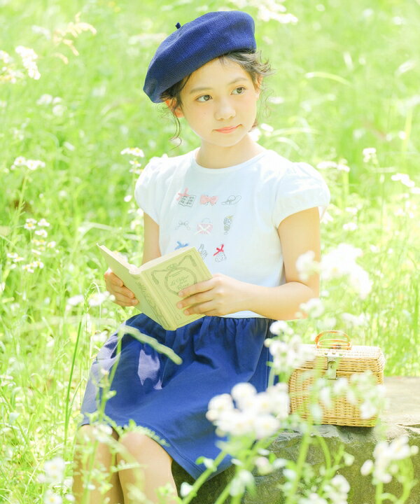 子供服女の子ワンピース・ジャンパースカート半袖普段着綿100%リボンつきアクセサリー洋服プリント切り替えピンクネイビー80cm90cm100cm110cm120cm130cm140cm【むーのんのんmoononnon】