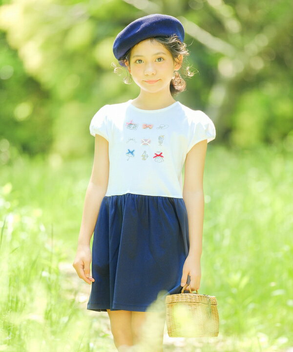 子供服女の子ワンピース・ジャンパースカート半袖普段着綿100%リボンつきアクセサリー洋服プリント切り替えピンクネイビー80cm90cm100cm110cm120cm130cm140cm【むーのんのんmoononnon】