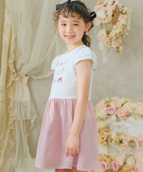 子供服女の子ワンピース・ジャンパースカート半袖普段着綿100%リボンつきアクセサリー洋服プリント切り替えピンクネイビー80cm90cm100cm110cm120cm130cm140cm【むーのんのんmoononnon】