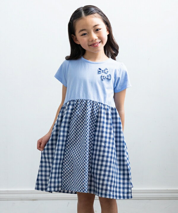子供服 女の子 ワンピース・ジャンパースカート 半袖 普段着 通学着 チェック柄リボン付きドッキングワンピース ブルー パープル 春夏 120cm 130cm 140cm 150cm 160cm 6歳 7歳 8歳 9歳 10歳 11歳 12歳 13歳 【むーのんのん moononnon】のサムネイル