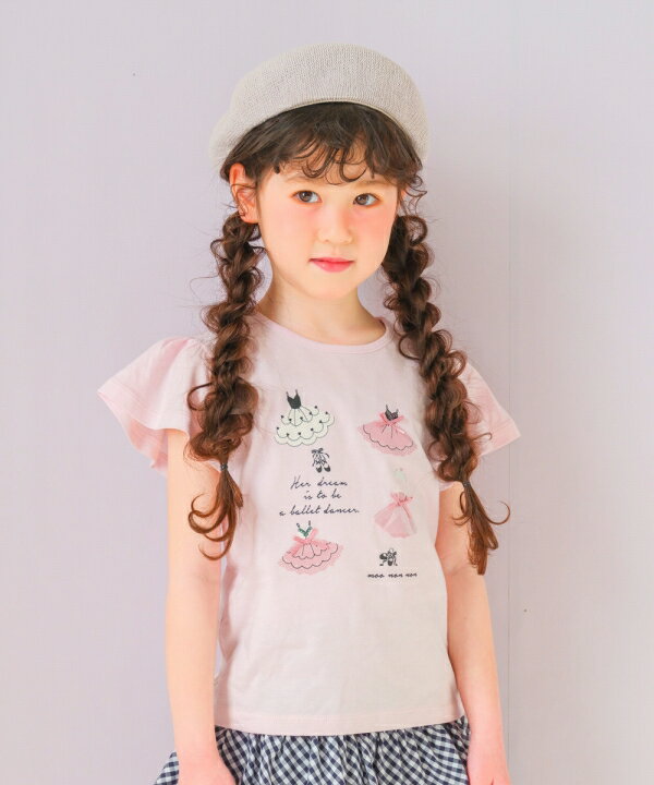 子供服 こども 女の子 Tシャツ 半袖 春夏 可愛い 上品 袖 綿100％ バレエ フリル プリント 刺繍 オフホワイト ピンク 100cm 110cm 120cm 130cm 140cm 3歳 4歳 5歳 6歳 7歳 8歳 9歳 10歳 11歳 発表会 お呼ばれ 誕生日【 むーのんのん moononnon 】