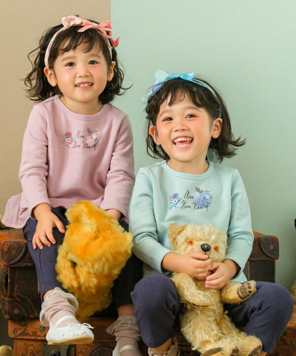 子供服 女の子 トレーナー 秋冬 長袖 普段着 通学着 お花 プリント モチーフ ロゴ プリント フリル 裏毛 ピンク グリーン 80cm 90cm 100cm 110cm 120cm 130cm 140cm 150cm 1歳 2歳 3歳 4歳 5歳 6歳 7歳 8歳 9歳 10歳 11歳 12歳 【むーのんのん moononnon】のサムネイル