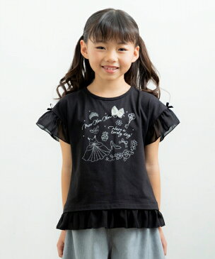 子供服 女の子 Tシャツ 半袖 普段着 通学着 ドレス＆ロゴラメプリントシフォンフリル袖 ブラック オフホワイト 春夏 100cm 110cm 120cm 130cm 140cm 150cm 160cm 3歳 4歳 5歳 6歳 7歳 8歳 9歳 10歳 11歳 12歳 13歳 【むーのんのん moononnon】