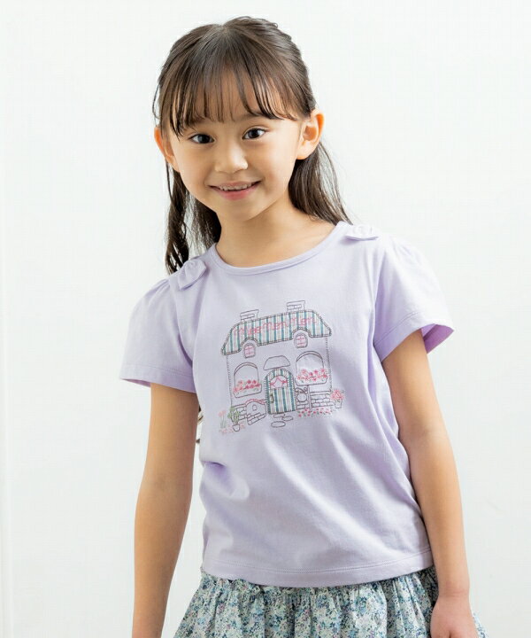 子供服 女の子 Tシャツ 半袖 普段着 通学着 通園着 綿100％お花＆おうち刺繍リボン付き イエロー パープル 春夏 80cm 90cm 100cm 110cm 120cm 130cm 1歳 2歳 3歳 4歳 5歳 6歳 7歳 8歳 9歳 10歳 【むーのんのん moononnon】