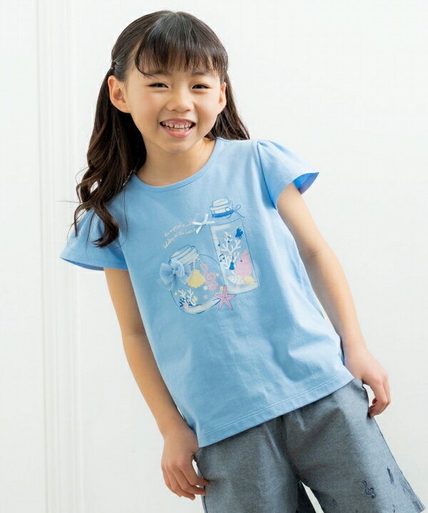 子供服 女の子 Tシャツ 半袖 普段着 通学着 綿100％貝殻＆音符ガラス瓶プリントリボン付き マリンテイスト オフホワイト ブルー 春夏 110cm 120cm 130cm 140cm 150cm 160cm 4歳 5歳 6歳 7歳 8歳 9歳 10歳 11歳 12歳 13歳 