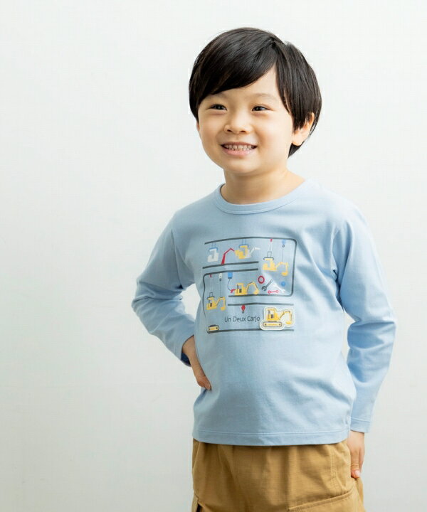子供服 男の子 Tシャツ 長袖 普段着 通園着 通学着 ショベルカー刺繍＆プリント 乗り物シリーズ オレンジ ブルー 春夏 80cm 90cm 100cm 110cm 120cm 1歳 2歳 3歳 4歳 5歳 6歳 7歳 8歳 【アンドゥーカージョ】のサムネイル