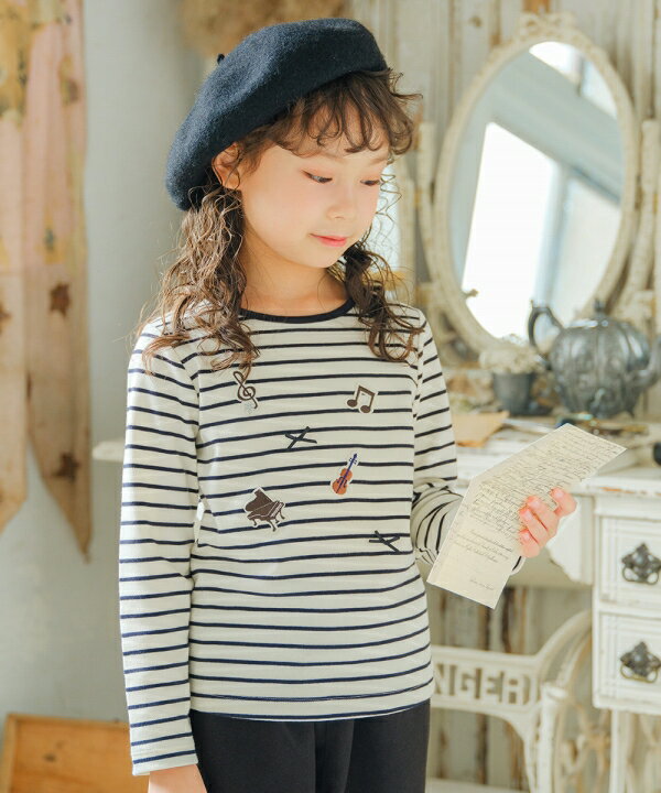 子供服 女の子 Tシャツ 秋冬 長袖 綿100％ ロンT キッズ ジュニア ボーダー カットソー 長そで ピアノ 音符 ワッペン アップリケ ホワイト×ブラック ネイビー 100cm 110cm 120cm 130cm 140cm 150cm 3歳 4歳 5歳 6歳 7歳 8歳 9歳 10歳 11歳 12歳 むーのんのん moononnonのサムネイル