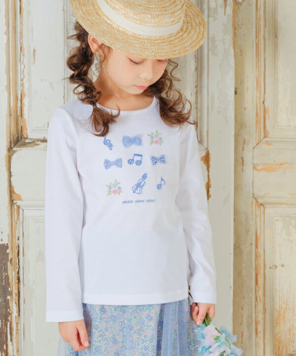 TIME SALE 8/24 20：00-8/28 1：59　子供服 女の子 Tシャツ 長袖 綿100％ コットン ロゴ お花 音符 刺繍 リボンつき ロンT 80cm 90cm 100cm 110cm 120cm 130cm 140cm 150cm むーのんのん moononnonのサムネイル