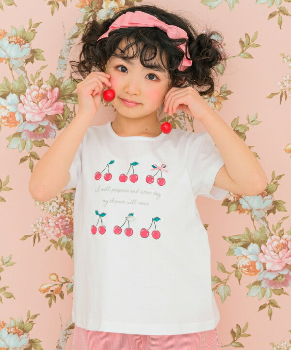 子供服 女の子 Tシャツ 春夏 半袖 綿100％ キッズ ジュニア リボン さくらんぼ チェリー ロゴ プリント Aライン 半そで 夏服 ブラック オフホワイト 100cm 110cm 120cm 130cm 140cm 150cm 160cm 3歳 4歳 5歳 6歳 7歳 8歳 9歳 10歳 11歳 12歳 13歳 むーのんのん moononnon