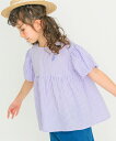 【クリアランスセール 62%OFF】子供服 女の子 ブラウス 夏服 半袖 ギンガムチェック柄 音符刺繍 パフスリーブ Aライン オーバーブラウス ピンク パープ...