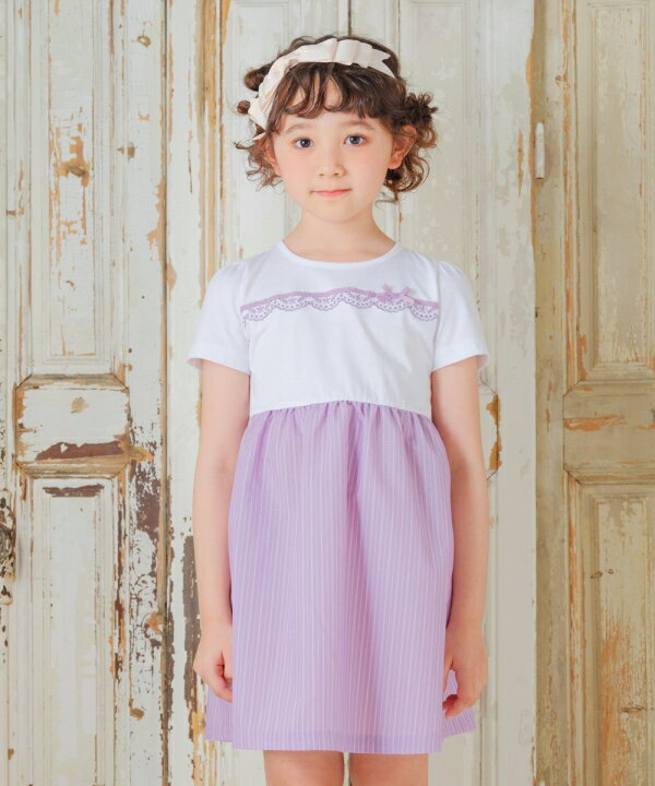 子供服 女の子 ワンピース ジャンパースカート 春夏 半袖 子ども服 こども キッズ ジュニア リボン レース 刺繍 ストライプ柄 ドッキングワンピース 100cm 110cm 120cm 130cm 140cm 150cm 160cm 3歳 4歳 5歳 6歳 7歳 8歳 9歳 10歳 11歳 12歳 13歳 むーのんのん moononnonのサムネイル