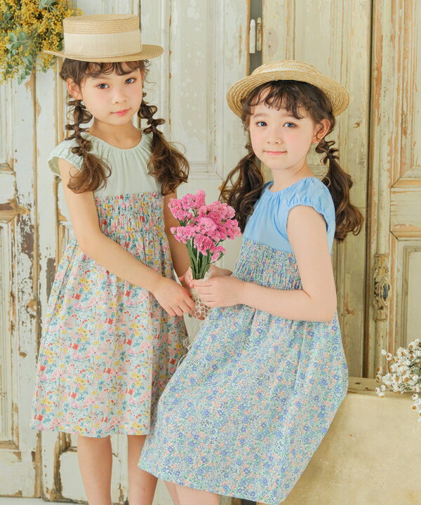 子供服 女の子 ワンピース 春夏 半袖 綿100％ コットン 花柄 ギャザー シャーリング Aライン ドッキングワンピース グリーン ブルー パープル 100cm 110cm 120cm 130cm 140cm 150cm 160cm 3歳 4歳 5歳 6歳 7歳 8歳 9歳 10歳 11歳 12歳 13歳 【むーのんのん moononnon】のサムネイル