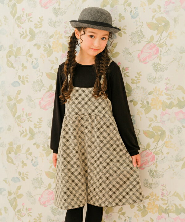 子供服 女の子 ワンピース ジャンパースカート 秋冬 長袖 こども服 チェック 重ね着風 長そで レイヤード ドッキング ワンピース ネイビー ベージュ 120cm 130cm 140cm 150cm 160cm 6歳 7歳 8歳 9歳 10歳 11歳 12歳 13歳 【むーのんのん moononnon】のサムネイル