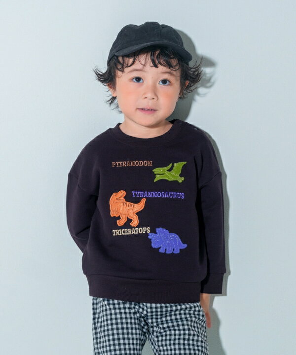 【クリアランスSALE 44％OFF】子供服 男の子 トレーナー 秋冬 長袖 こども服 ベビー キッズ 普段着 裏毛 恐竜 刺繍 アップリケ ブラック オレンジ 80cm 90cm 100cm 110cm 120cm 130cm 【むーのんのん moononnon】のサムネイル