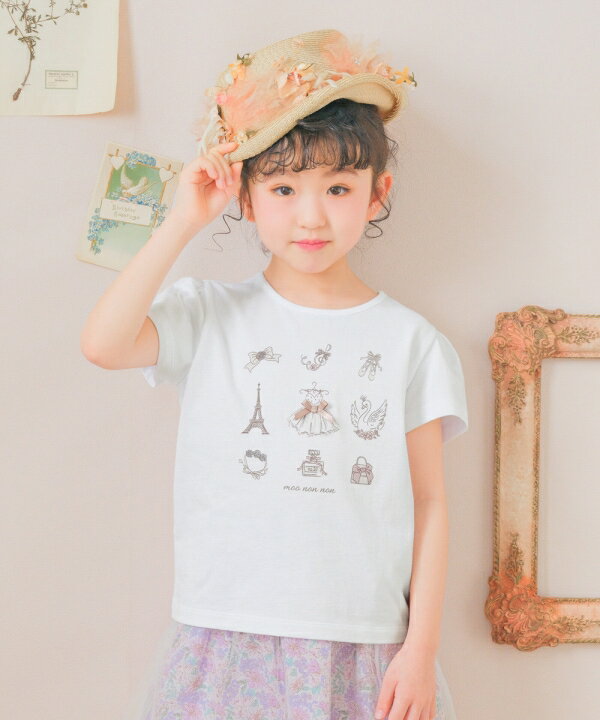 【クリアランスセール 58％OFF】子供服 女の子 Tシャツ 夏服 半袖 子ども服 こども キッズ 綿100％ コットン 音符 スワン シューズ プリント オフホワイト ブルー 100cm 110cm 120cm 130cm 140cm 150cm 160cm むーのんのん moononnonのサムネイル