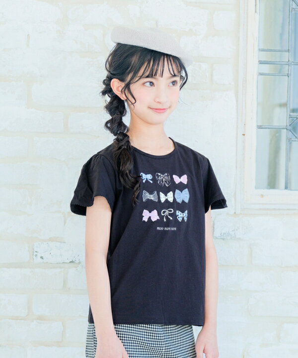 楽天moononnon 子供服 楽天市場店【送料無料】子供服 女の子 Tシャツ 春夏 半袖 子ども 普段着 通学着 綿100％ コットン100％ カジュアル キッズ ジュニア リボン ブラック オフホワイト 100cm 110cm 120cm 130cm 140cm 150cm 160cm 3歳 4歳 5歳 6歳 7歳 8歳 9歳 10歳 11歳 12歳 13歳 むーのんのん moononnon