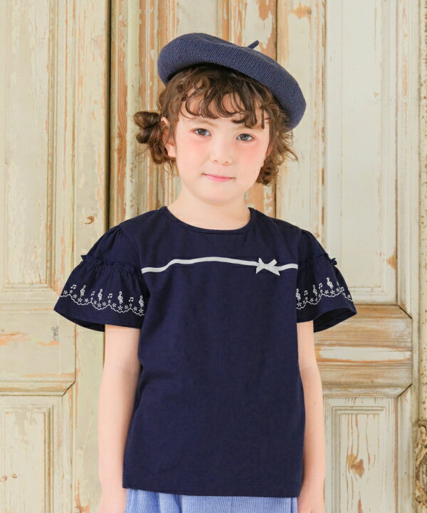 子供服 女の子 Tシャツ 春夏 半袖 子ども服 こども キッズ ジュニア 綿100％ コットン ティーシャツ 音符 プリント リボン フリル ネイビー ピンク 100cm 110cm 120cm 130cm 140cm 150cm 160cm 3歳 4歳 5歳 6歳 7歳 8歳 9歳 10歳 11歳 12歳 13歳 【むーのんのん moononnon】のサムネイル