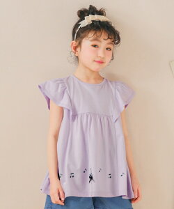 子供服 女の子 Tシャツ 春夏 半袖 子ども服 こども キッズ ジュニア 綿100％ コットン 音符 プリント リボン フリル Aライン ティーシャツ ネイビー パープル 120cm 130cm 140cm 150cm 160cm 6歳 7歳 8歳 9歳 10歳 11歳 12歳 13歳 【むーのんのん moononnon】