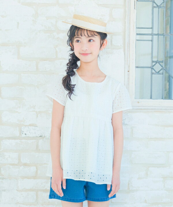 子供服 女の子 Tシャツ 春夏 半袖 子ども服 こども キッズ ジュニア 綿レース 総柄 花柄 Aライン 半そで 裏地付き カットソー グリーン オフホワイト 100cm 110cm 120cm 130cm 140cm 150cm 160…