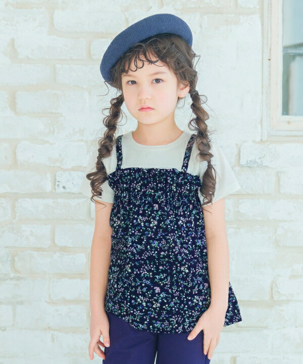 子供服 女の子 Tシャツ 夏服 半袖 子ども服 こども こども服 キッズ ベビー ジュニア 花柄 リボン キャミソール 重ね着風 イエロー ネイビー 90cm 100cm 110cm 120cm 130cm 140cm 150cm 160cm 2歳 3歳 4歳 5歳 6歳 7歳 8歳 9歳 10歳 11歳 12歳 13歳 むーのんのん moononnonのサムネイル