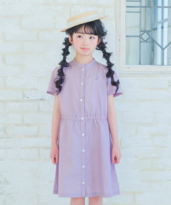 子供服 女の子 ワンピース ジャンパースカート 春夏 半袖 子ども服 こども服 こども キッズ ジュニア ストライプ柄 音符 刺繍 スタンドカラー 襟 半そで ネイビー パープル 120cm 130cm 140cm 150cm 160cm 6歳 7歳 8歳 9歳 10歳 11歳 12歳 13歳 【むーのんのん moononnon】