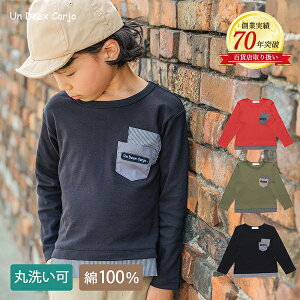 子供服 男の子 Tシャツ 秋冬 長袖 普段着 通学着 綿100％ デザイン ポケットつき ストライプ柄 重ね着風 オレンジ カーキ ブラック 100cm 110cm 120cm 130cm 140cm 150cm 160cm 3歳 4歳 5歳 6歳 7歳 8歳 9歳 10歳 11歳 12歳 13歳 【アンドゥーカージョ】