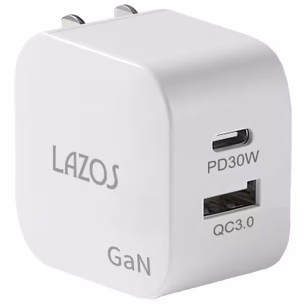 送料無料（北海道沖縄離島除く）USB充電器 AC充電器 USB PD/QC対応 30W 窒化ガリウム採用 USB-C×1/USB-A×1 PD-PPS GaN採用 折りたたみプラグ Lazos/L-ACG-PD30/3942x1台 USB急速充電器 USB-ACアダプター