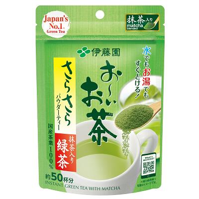 国産茶葉100％ 1袋で約50杯分。 水でもお湯でもすぐとける粉末タイプ。 急須でいれた自然な味わいが手軽に楽しめるインスタント緑茶。 抹茶入りのためお茶の緑と味わいが濃く出ます（約50杯分お楽しみいただけます）。 ■商品名　お〜いお茶 さ...