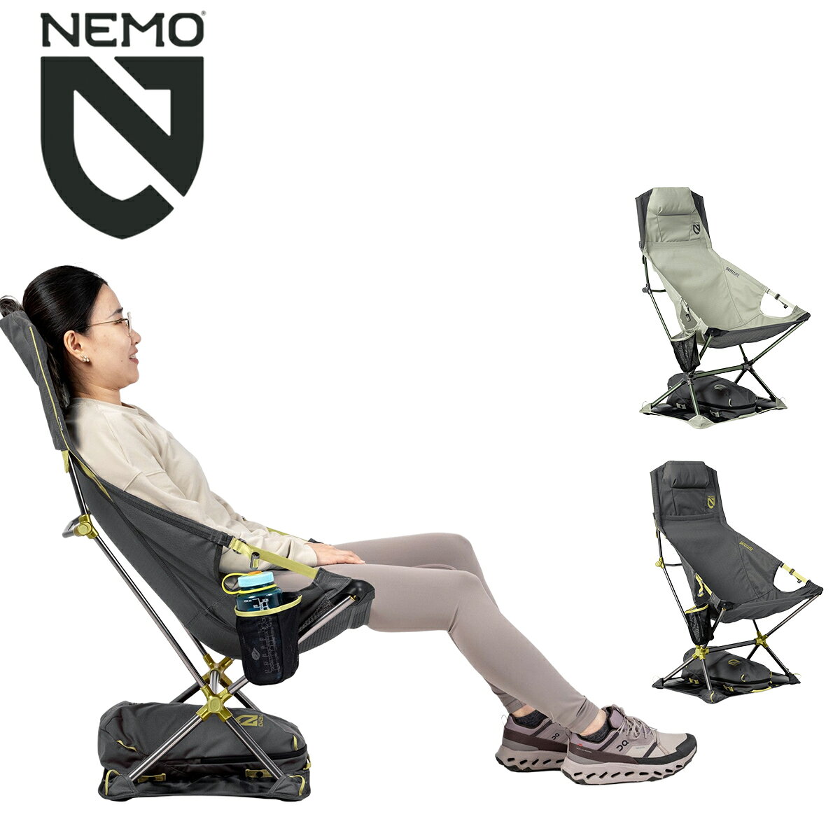 Satellite(TM) Reclining Camp Chair 全身をゆったりと支えるハイバックデザインとリクライニング機能を備えた、 NEMOのポータブルキャンプチェア「Satellite(TM)」。 アームレストに組み込まれたリクライニングシステムにより、 座ったまま自然に背もたれの角度を調整できます。 食事をするときは背もたれを起こし、ゆっくりくつろぎたいときは深くリクライニング。 キャンプはもちろん、フェスやビーチ、アウトドアイベントなど、 長時間座って過ごしたいシーンにも適しています。 ハイバックには幅広のパッド入りヘッドレストを配置。 独自のFlex Isolator(TM)テクノロジーにより、 ヘッドレストを背もたれや座面から独立させたフローティング構造とし、 姿勢を変えたときにも頭や首を快適にサポートします。 フレームには鍛造6061シリーズアルミニウムハブと 7001シリーズアルミニウムチューブを採用。 ショックコードでつながったポールとボール＆ソケット式の接続構造により、 コンパクトながら安定性に優れ、スムーズに組み立てることができます。 付属のPlatform Pack(TM)スリングキャリングケースは、 持ち運び用ケースとしてだけでなく、 広げてチェアの下に敷くことで、 砂地や柔らかい地面で脚が沈み込むのを抑えるプラットフォームとしても使用できます。 FEATURES ・ リクライニング機能 アームレストから座ったまま背もたれの角度を調整できます。 ・ ハイバックデザイン 頭から背中までしっかりと支え、ゆったりとくつろげる設計です。 ・ Flex Isolator(TM) 独立したヘッドレスト構造により、姿勢を変えても頭と首を快適にサポートします。 ・ パッド入りヘッドレスト 幅広のクッションが頭部をやさしく支えます。 ・ 高強度アルミニウムフレーム 鍛造6061シリーズアルミニウムハブと7001シリーズアルミニウムチューブを採用しています。 ・ ボール＆ソケット構造 身体の動きに追従しやすく、快適な座り心地を実現します。 ・ メッシュカップホルダー 大型のウォーターボトルにも対応する収納スペースを備えています。 ・ Platform Pack(TM)付属 キャリングケースとして使用できるほか、柔らかい地面でチェアを安定させるプラットフォームとしても使用できます。 SPEC 使用サイズ 約65 × 59 × 100cm 収納サイズ 約45 × 20 × 15cm 本体重量 約1.61kg 総重量 約1.88kg 耐荷重 約158kg フレーム アルミニウム 付属品 Platform Pack(TM) スリングキャリングケース