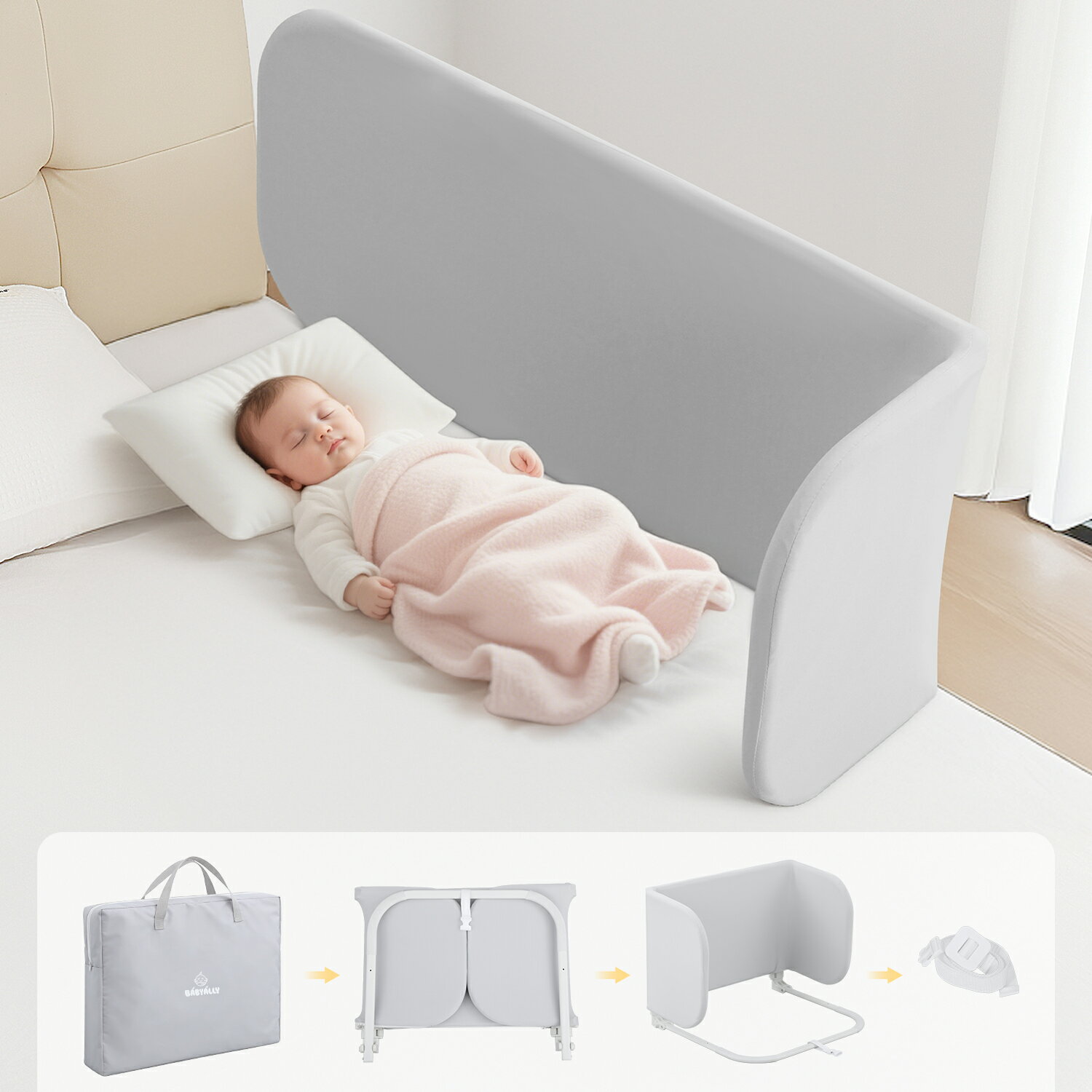 【成長に合わせて長く使える3WAYデザイン​】 120cm×40cmの十分な広さと高さを備えたBabyAllyベッドガード。L字形、U字形、I字形の3通りの設置が可能で、赤ちゃんの成長段階や寝室のレイアウトに合わせて自由にカスタマイズできま...