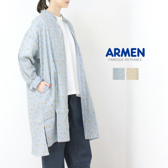 □□アーメン ARMEN コットンフラワープリントユーティリティーバンドカラーロングシャツ INAM