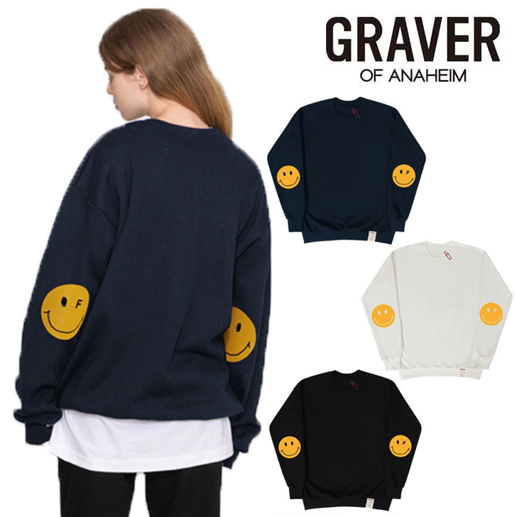 グレーバー トレーナー GRAVER 正規販売店 Elbow Dot Smile Clip Sweatshirts エルボー ドット スマイル クリップ スウェットシャツ 全3色 G-MG-52-BK/NY/IY 裏起毛 ウェア