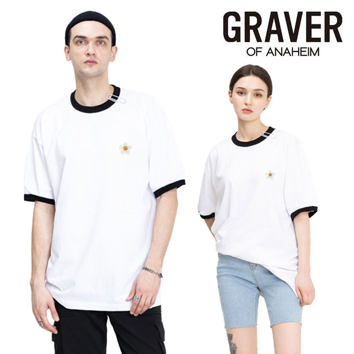 グレーバー 半袖Tシャツ GRAVER 正規販売店 Flower Dot Embroidered Ringer Tshirts フラワー ドット エンブロイダー リンガー Tシャツ WHITE ホワイト G(M)-RTS-1-WE ウェア