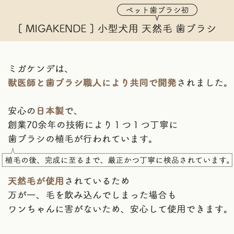 MIGAKENDE　小型犬用　天然毛歯ブラシ　ミガケンデ　斜めカット植毛 (ヤギ＆ウマ)超柔らか　日本製　獣医師共同開発　超小型犬　小型犬　柔らかタイプ　斜め　ハブラシ　歯磨き　歯みがき　ハミガキ　国産