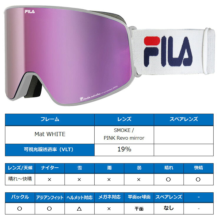 FILA フィラ スノーボード ゴーグル FG1701J-2 [Mat WHITE] SMOKE / PINK Revo mir...