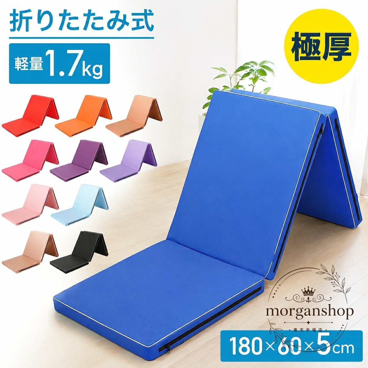 体操マット 折りたたみ式 180×60×5cm 極厚 軽量1.7kg スポーツマット トレーニング...