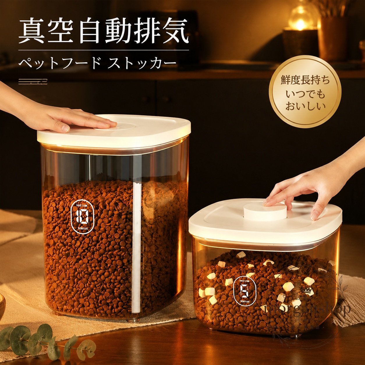 ペットフードや乾燥食材の保存に使える、真空自動排気タイプのストッカーです。商品特徴：蓋をすると容器内の空気を抜きやすい設計で、湿気や虫対策に役立つ密閉保存容器です。適用シーン：ドライフード、犬猫用フード、お米、小麦粉などの保管におすすめです。仕様情報：PET材質、カラーは透明・茶色、サイズはM/L展開です。使用・注意事項：手洗いまたは丸洗い後は十分に乾燥させてご使用ください。手動測定のため1〜3cm程度の誤差が生じる場合があります。モニター環境により実物の色味が異なる場合があります。ペットフードや乾燥食材の保存に使える、真空自動排気タイプのストッカーです。商品特徴：蓋をすると容器内の空気を抜きやすい設計で、湿気や虫対策に役立つ密閉保存容器です。適用シーン：ドライフード、犬猫用フード、お米、小麦粉などの保管におすすめです。仕様情報：PET材質、カラーは透明・茶色、サイズはM/L展開です。使用・注意事項：手洗いまたは丸洗い後は十分に乾燥させてご使用ください。手動測定のため1〜3cm程度の誤差が生じる場合があります。モニター環境により実物の色味が異なる場合があります。