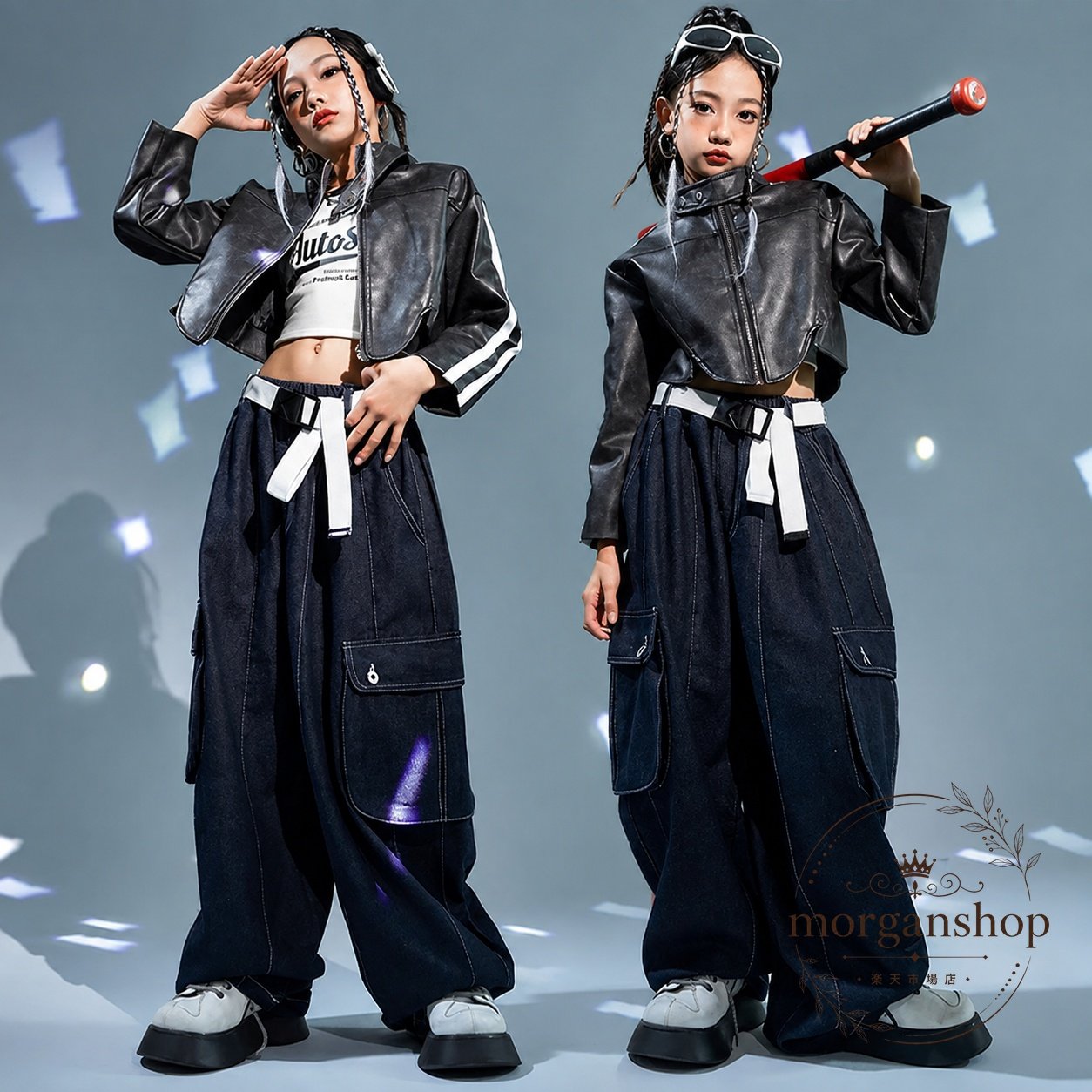 ダンス衣装 子供用 PUレザー×デニムのセットアップ 黒 ブラック ヒップホップ・ジャズダンス・K-POP風発表会やレッスンにおすすめ 110-180cm 女の子向け