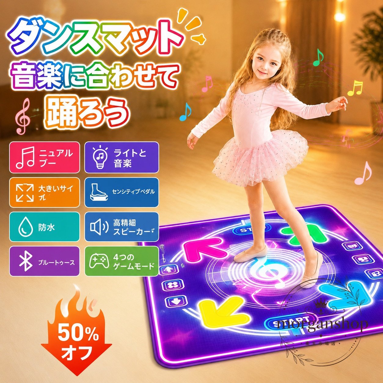 ダンスマット 子供用 音楽連動 電子ピアノマット 4つのゲームモード ブルートゥース対応 大きいサイズ 折りたたみ 滑り止め 防水 センシティブペダル 高精細スピーカー 知育玩具 室内遊び 誕生日 クリスマス プレゼント