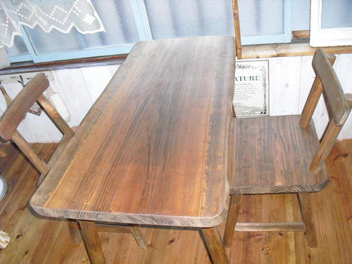 ★無垢 一枚板 カフェテーブル(長さセミオーダー)3点セット/天然木ダイニングセット