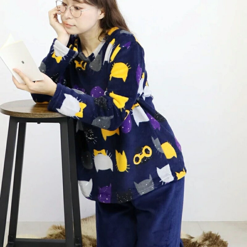 乐天商城 - 猫柄パジャマ 上下フリース 女性用部屋着