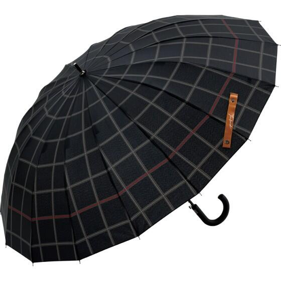 メンズ かさ 16本 グラス骨 紳士 カサ 大人用 ワンタッチ ジャンプ 傘 長傘 65cm 2色 黒・紺 チェック柄