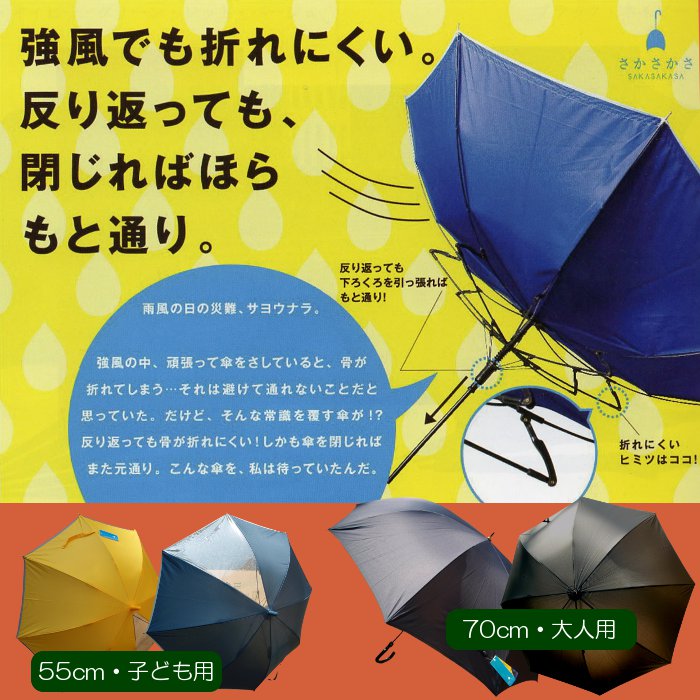 耐風強化 傘 さかさ かさ 子ども用 親骨55cm 強風に強い！ ネイビー・イエロー 無地 1コマPOE 反射テープ付