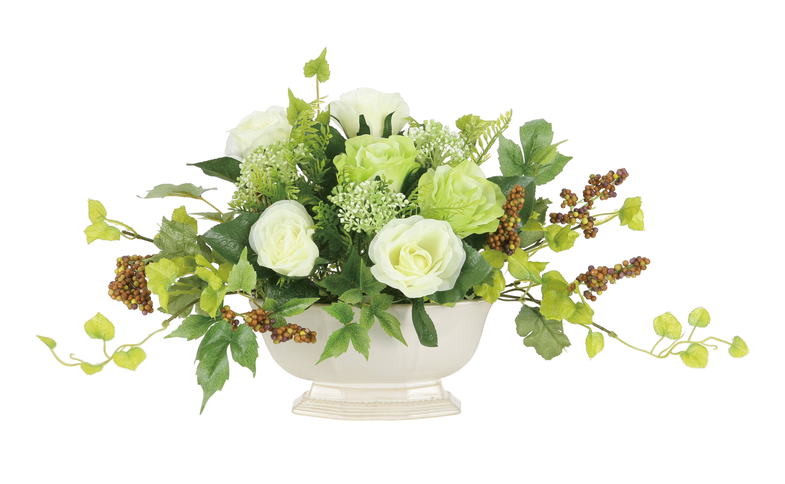 商品詳細 商品サイズ 約幅43×奥行き22×高さ23cm 重量 350g 本体素材 ポリエステル+ポリエチレン 花器素材 陶器パールベリー